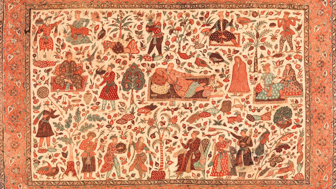 Intricate Mughal-style textile depicting royal life scenes, floral motifs, and exotic animals in a palace garden setting.
