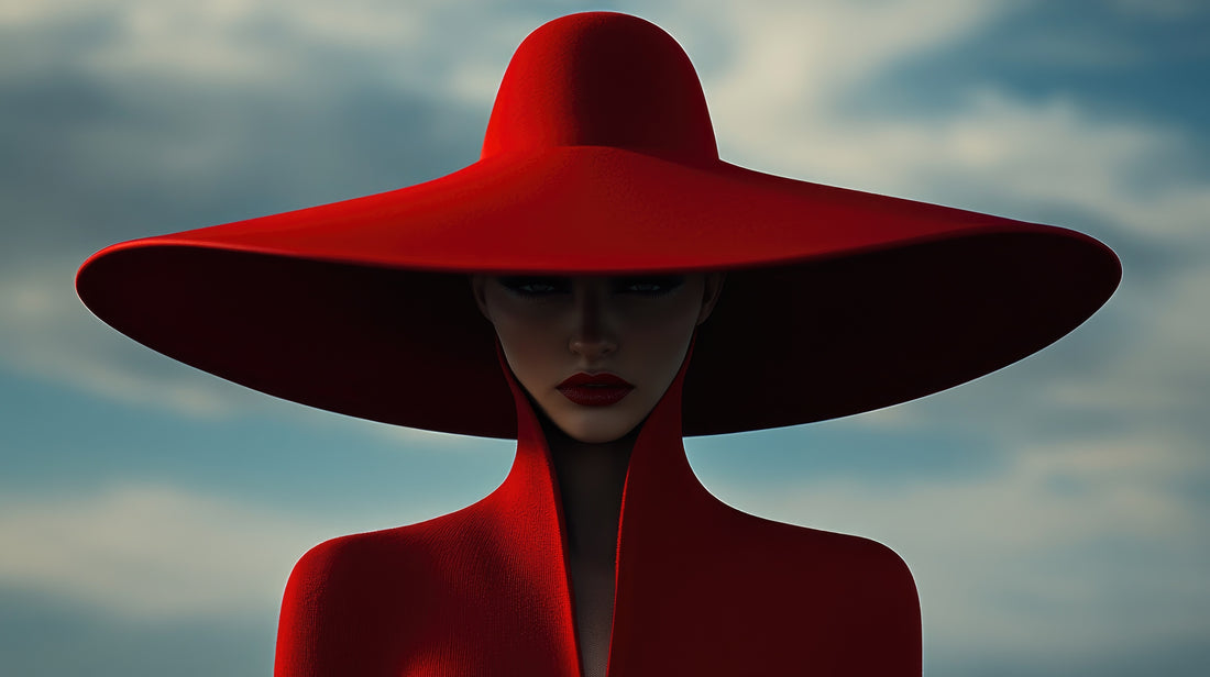 A striking figure wearing a dramatic red wide-brimmed hat and high-collared outfit