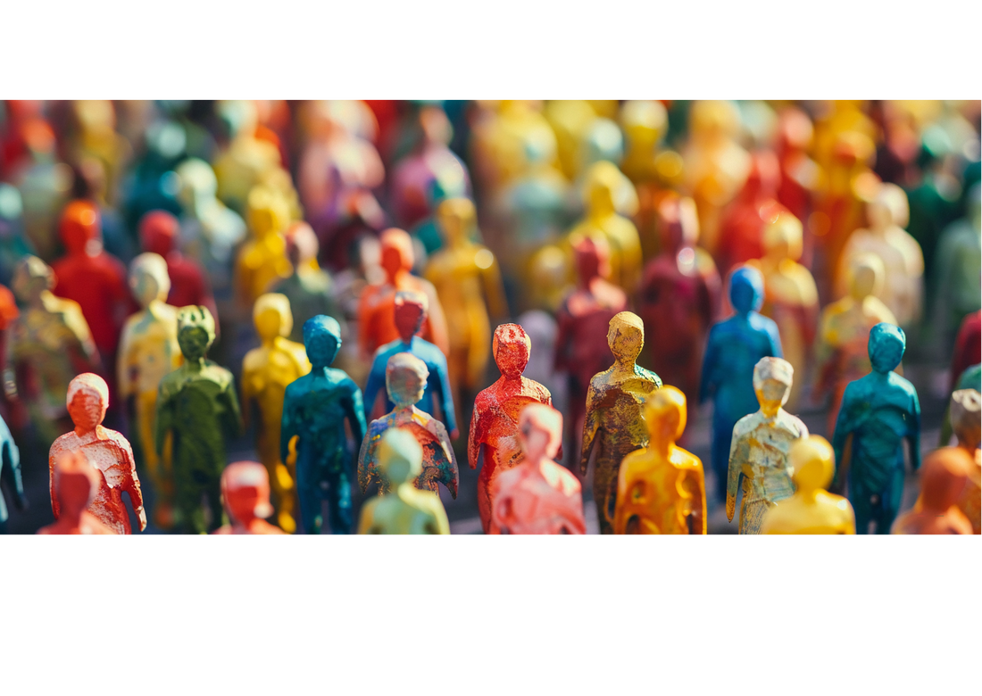  A vibrant collection of multicolored painted human figurines arranged in a dense crowd, symbolizing diversity and unity.
