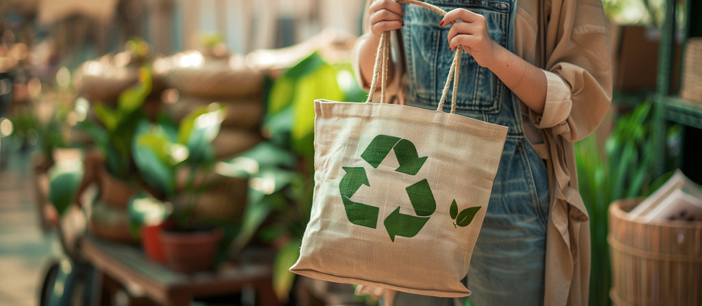 Person holding a beige tote bag with a green recycling symbol, promoting eco-friendly and sustainable fashion