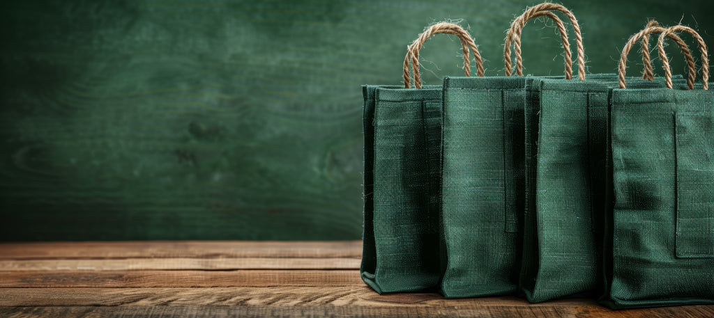 Eco-friendly green tote bags with rope handles on a wooden table with a green textured background