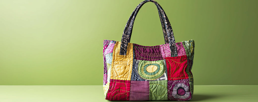 A vibrant handmade patchwork tote bag with colorful quilted fabric, set against a green background, representing eco-friendly fashion and sustainable style.