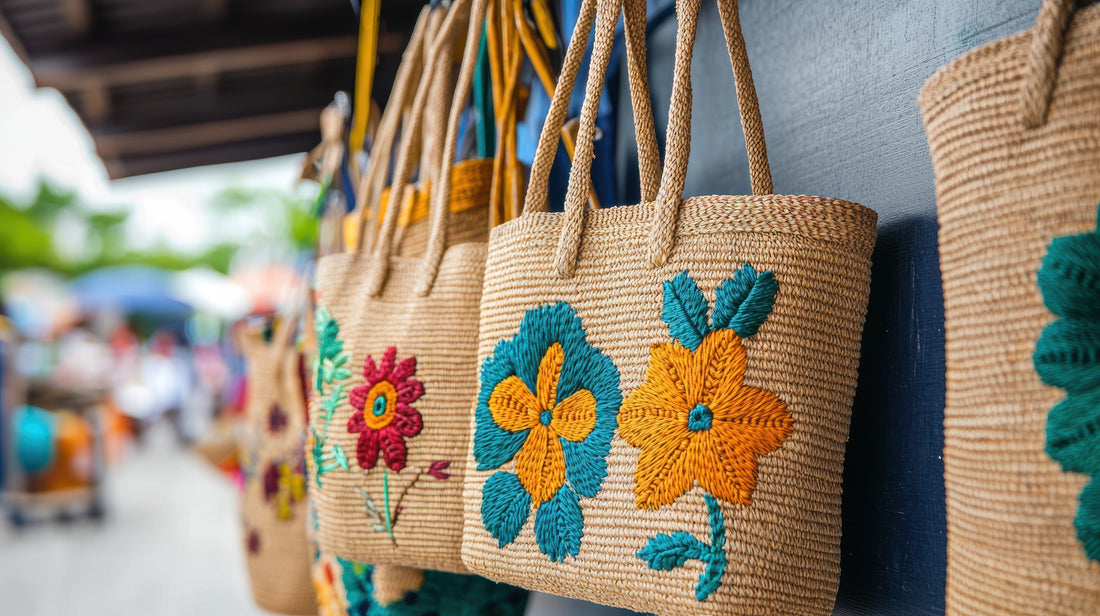 Handwoven jute tote bags with colorful floral embroidery displayed at a local sustainable fashion market.