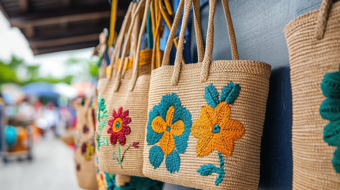 Handwoven jute tote bags with colorful floral embroidery displayed at a local sustainable fashion market.