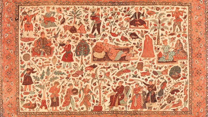 Intricate Mughal-style textile depicting royal life scenes, floral motifs, and exotic animals in a palace garden setting.