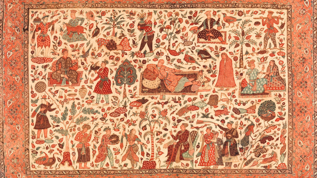 Intricate Mughal-style textile depicting royal life scenes, floral motifs, and exotic animals in a palace garden setting.