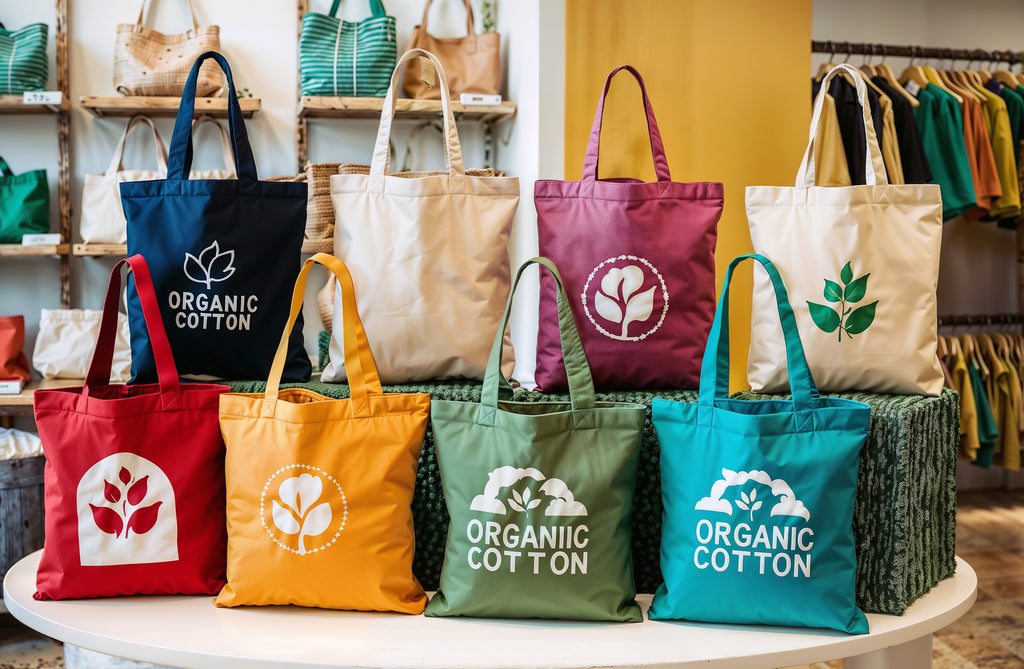 Colorful organic cotton tote bags displayed on a table, each in a unique color with eco-friendly symbols and text